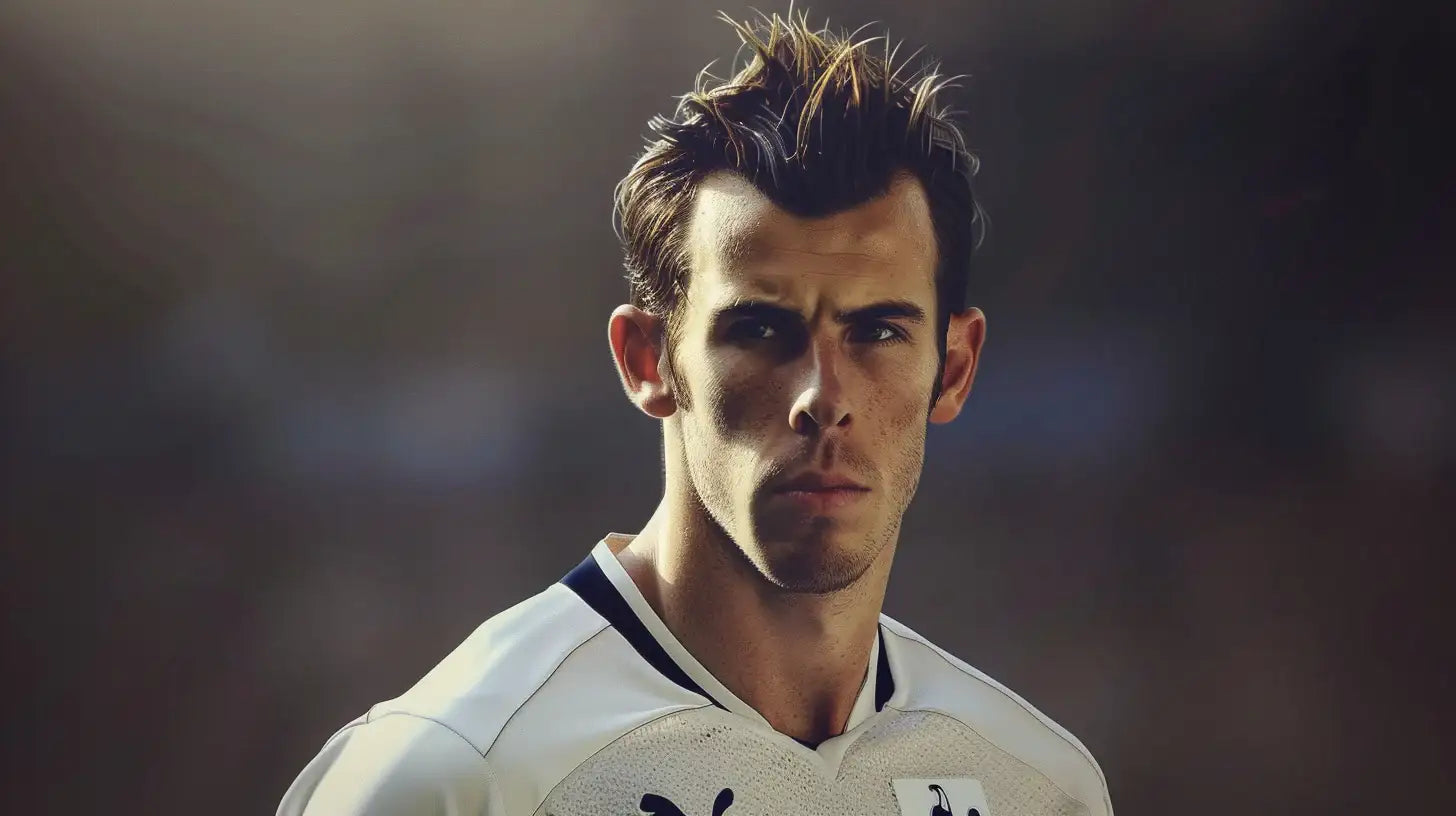 Close-up portrait of a Gareth Bale in a white Tottenham Hotspur kit looking into the camera.