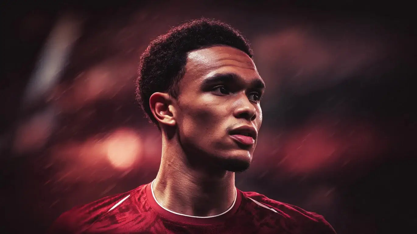 Trent Alexander-Arnold in a deep red Liverpool football shirt, gazing to the side as soft red stadium lights blur in the background.
