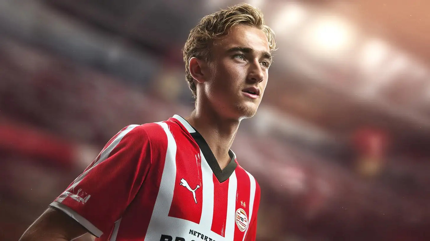 Tygo Land wearing a red and white striped PSV Eindhoven football shirt, lit by warm stadium lights in a crowded arena.