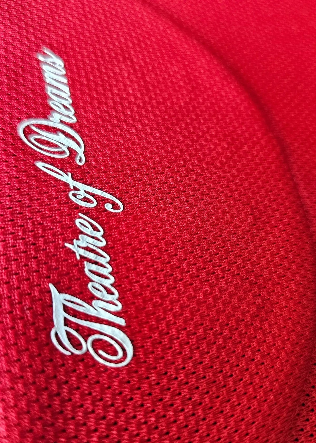 Interior collar tag reading Theatre of Dreams in white script, on Tyler Fletcher's Manchester United F.C. Signed shirt.