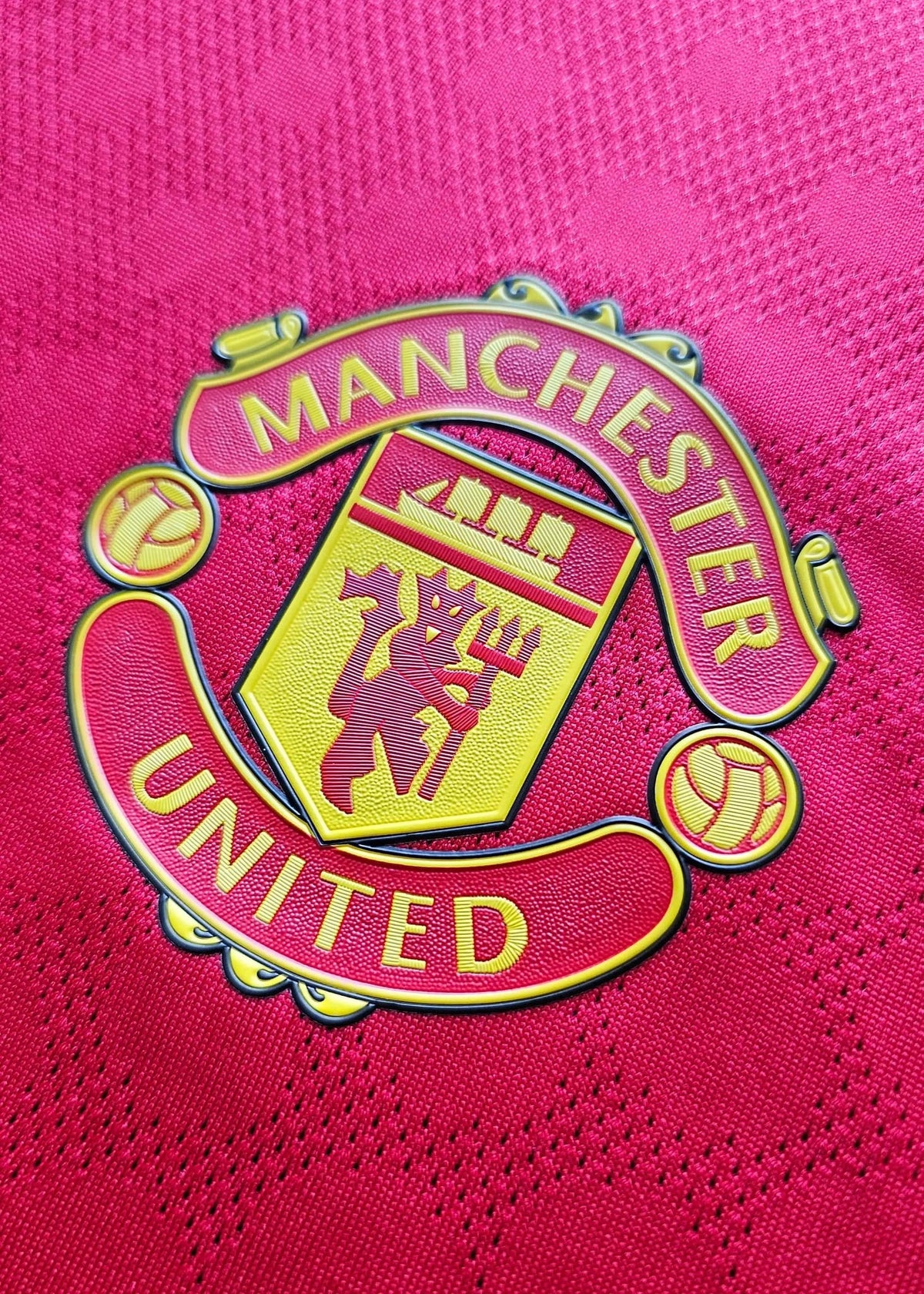 Close-up of the Manchester United crest with red and yellow detailing and a lion emblem.