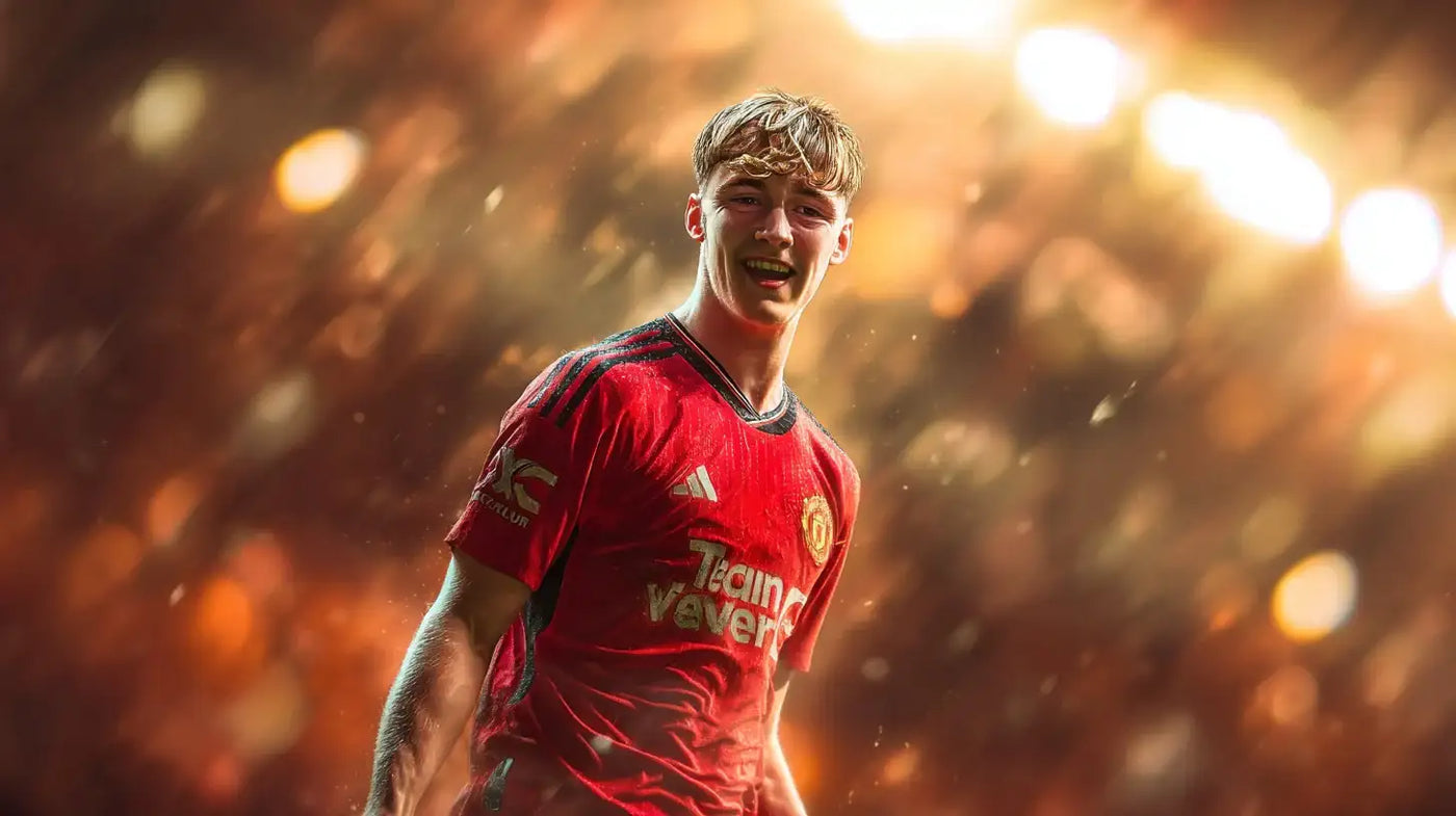 Tyler Fletcher in a red Manchester United home shirt, standing under bright stadium lights with light rain in the air and a calm expression.