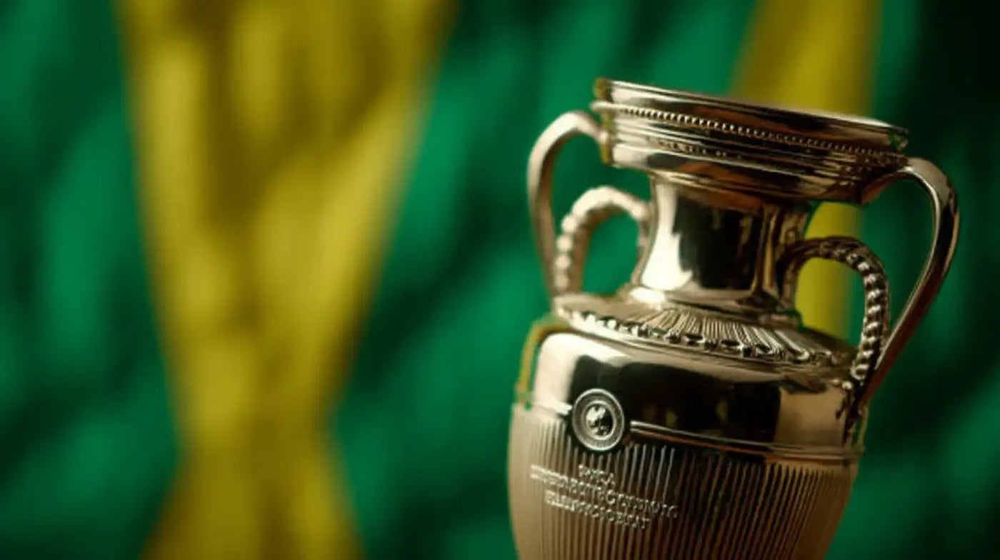 Henri Delaunay trophy in front of black, red and gold fabric, celebrating West Germany’s victory at Euro 1972.