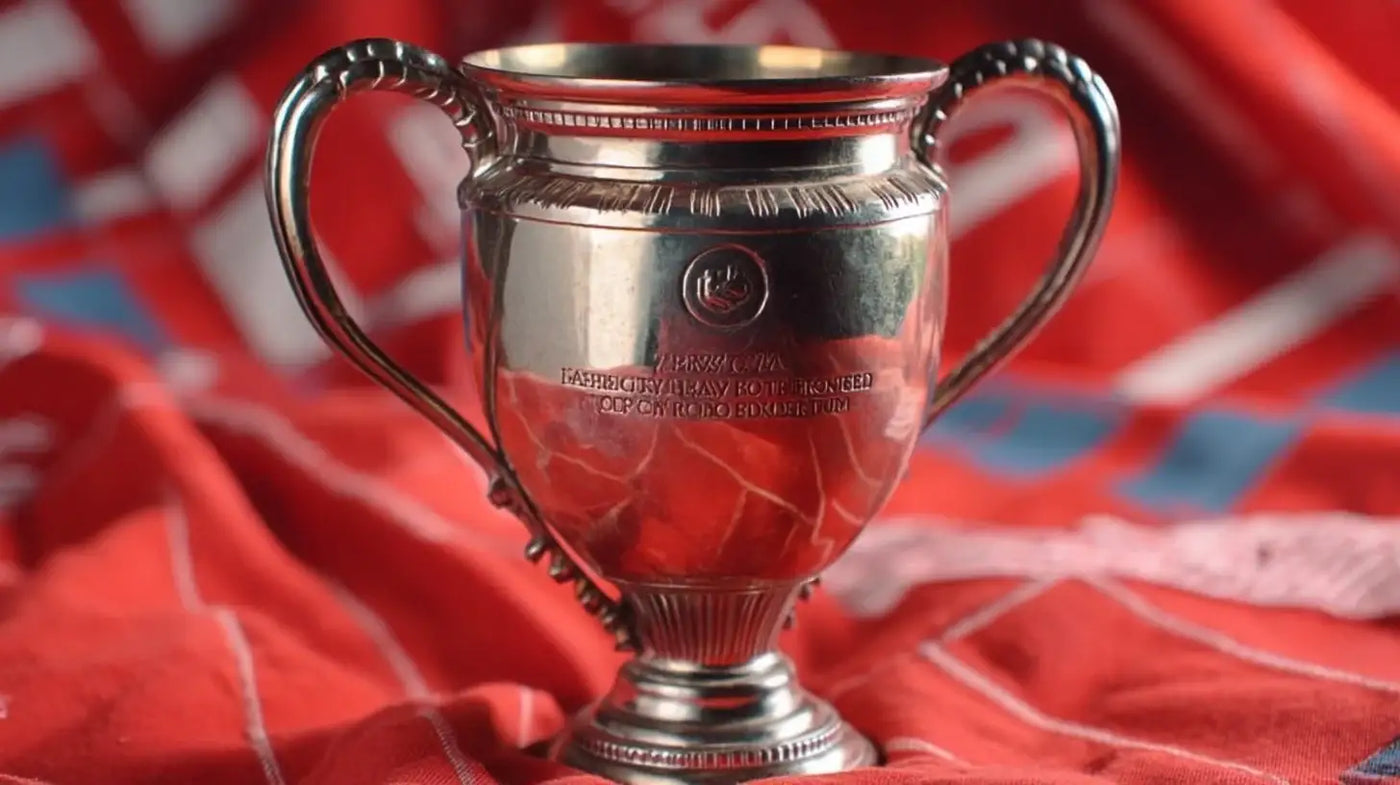 Silver Henri Delaunay cup set against red, white and blue background, marking Czechoslovakia’s win at Euro 1976.