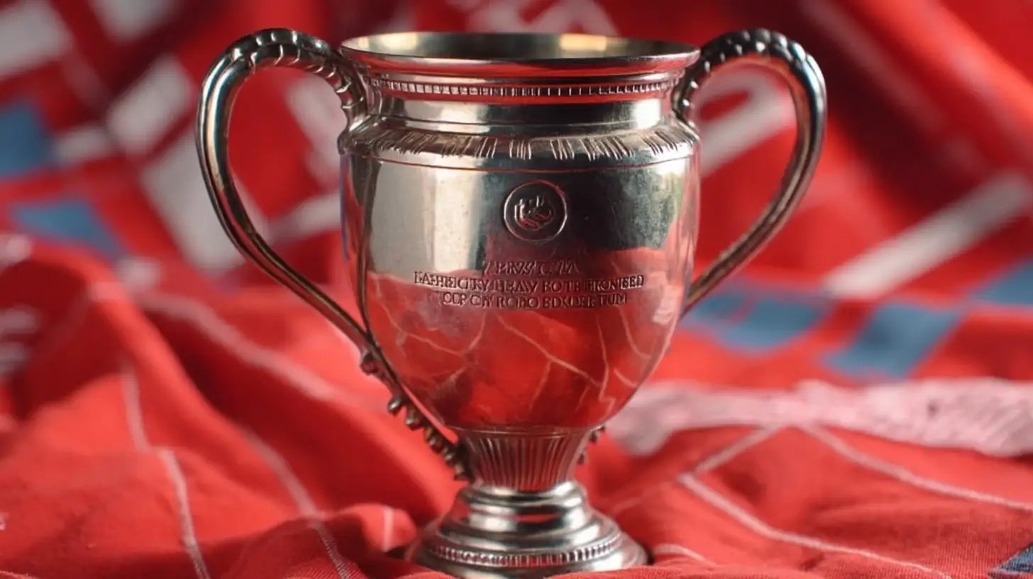 Silver Henri Delaunay cup set against red, white and blue background, marking Czechoslovakia’s win at Euro 1976.