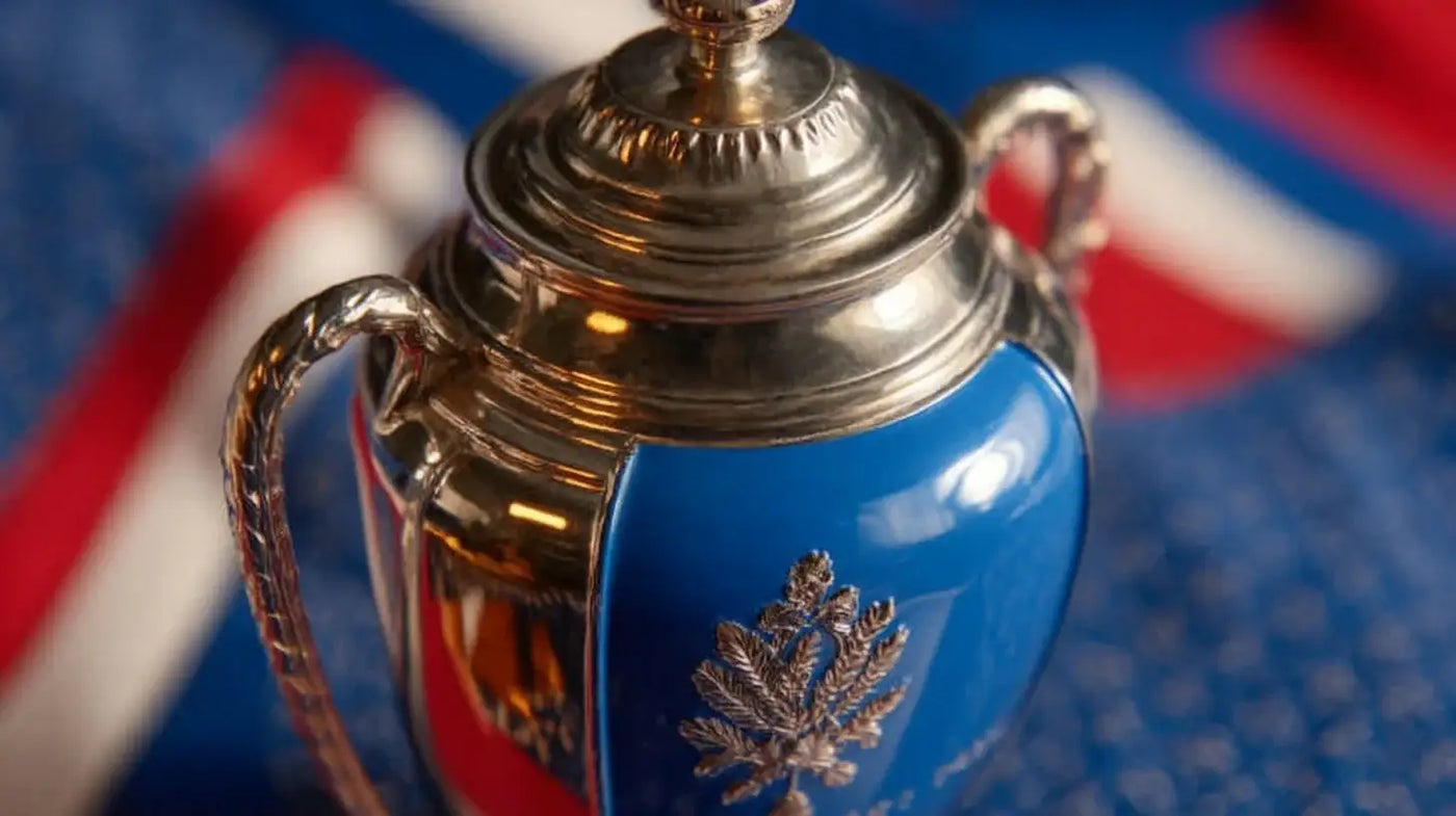 Henri Delaunay trophy in front of vivid blue and red colors, honoring hosts and champions France at Euro 1984.