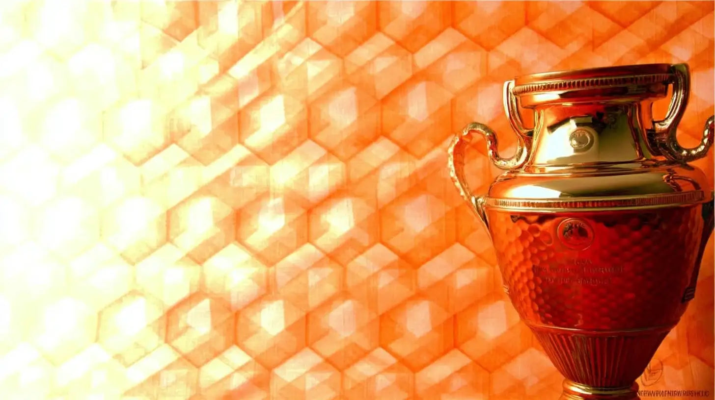 European Championship trophy beside bright orange patterned wall, paying tribute to Netherlands’ triumph at Euro 1988.