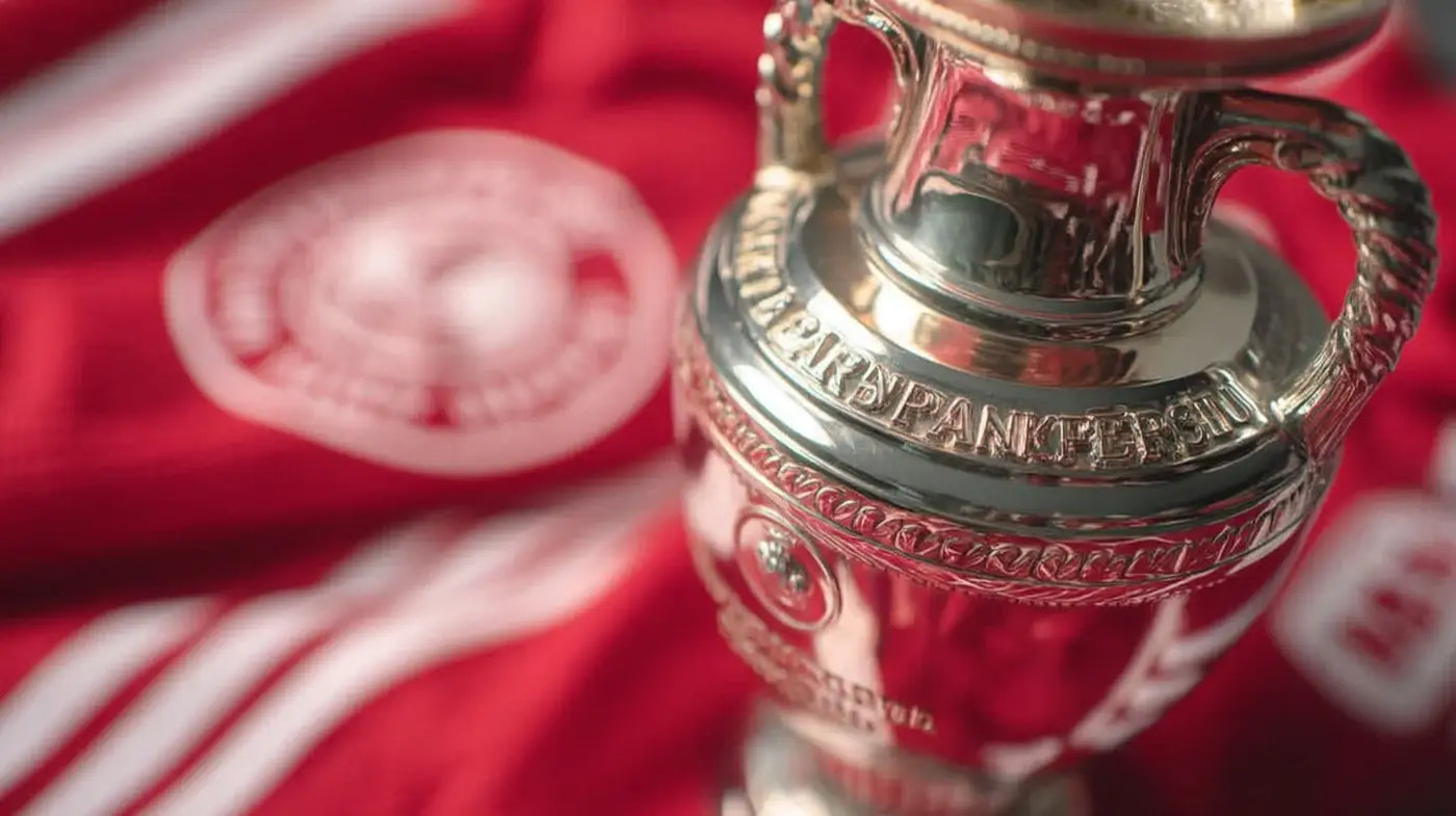 Henri Delaunay trophy on deep red cloth reflecting Denmark’s colors, commemorating their Euro 1992 triumph.