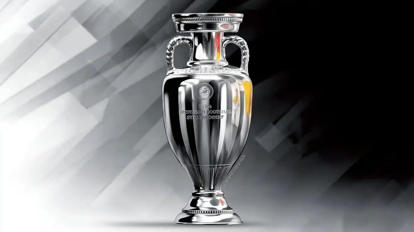 Henri Delaunay trophy for UEFA European Championship 1996, standing on a grayscale background echoing Germany’s black and white champion colors.