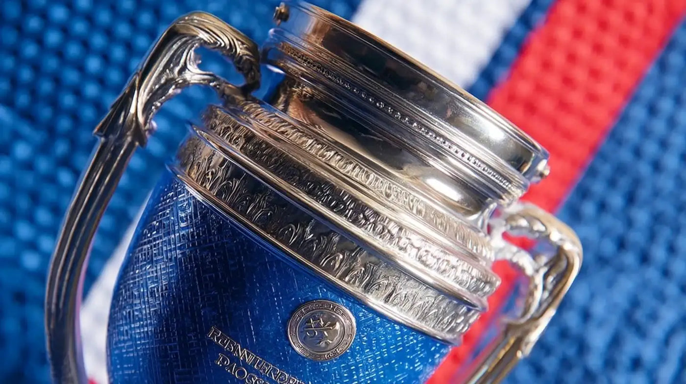 Henri Delaunay trophy for UEFA European Championship 2000, silver cup angled in front of a blue, white and red backdrop inspired by champions France.