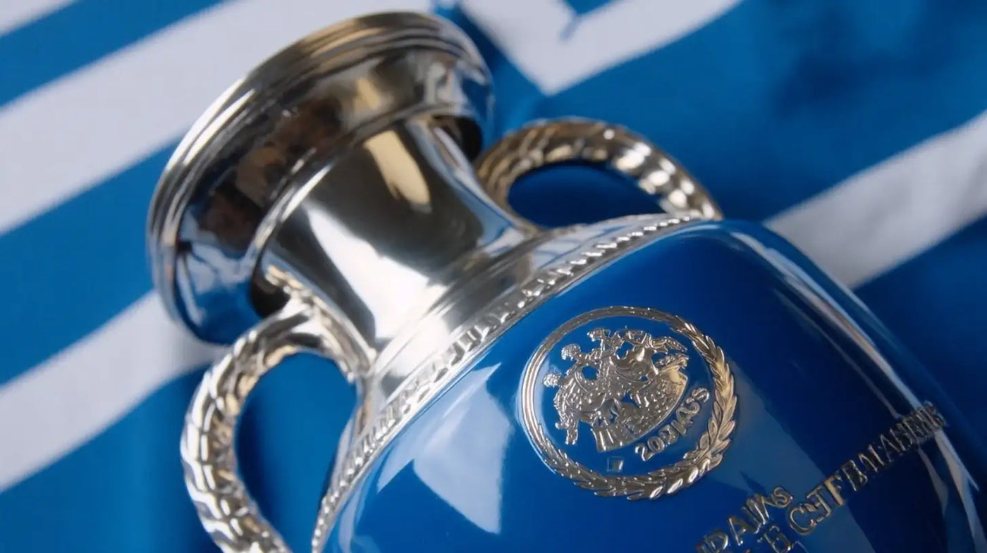 Henri Delaunay trophy for UEFA European Championship 2004, close up of the silver and blue cup set against a Greek flag themed blue and white background celebrating Greece.