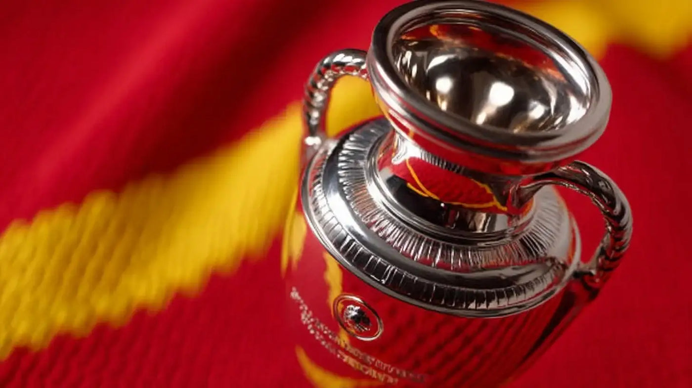 Henri Delaunay trophy for UEFA European Championship 2008, polished silver cup resting on a red and yellow fabric background in the colors of champions Spain.