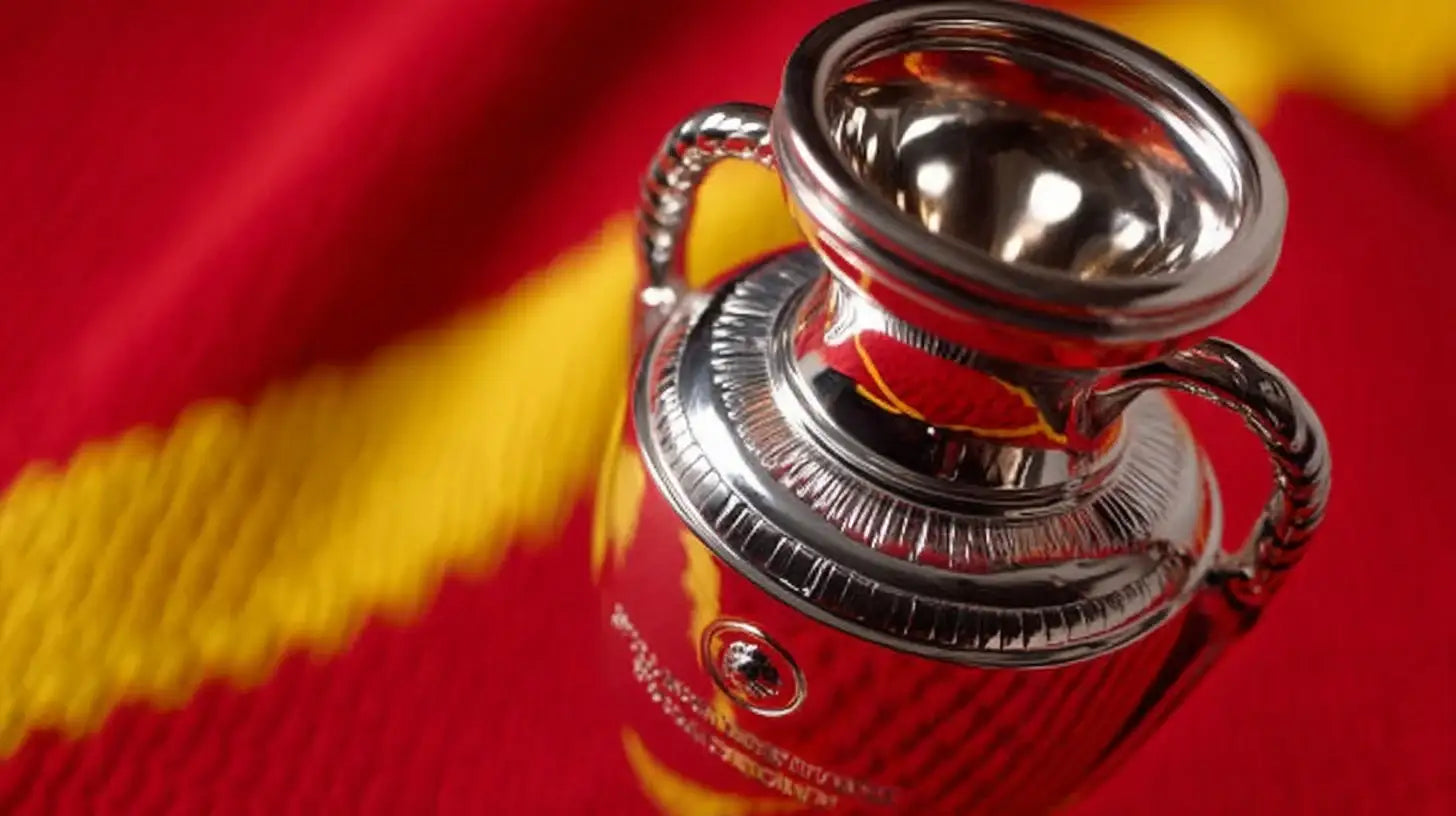 Henri Delaunay trophy for UEFA European Championship 2008, polished silver cup resting on a red and yellow fabric background in the colors of champions Spain.