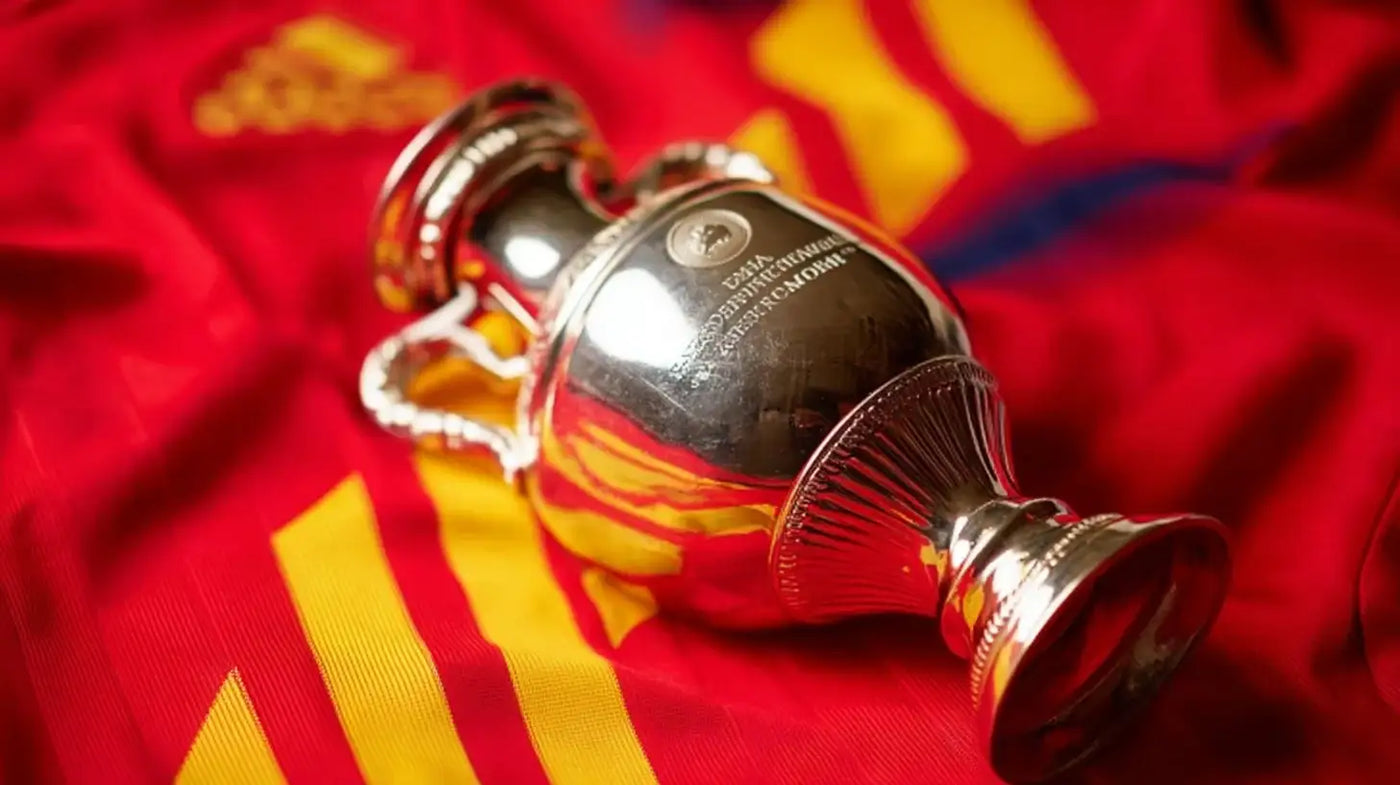 Henri Delaunay trophy for UEFA European Championship 2012, gleaming silver cup lying on a vibrant red and yellow Spain shirt that marks the winners.