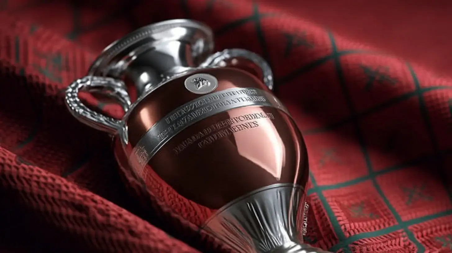 Henri Delaunay trophy for UEFA European Championship 2016, reflective silver and bronze cup placed on a dark red patterned fabric echoing Portugal’s national colors.