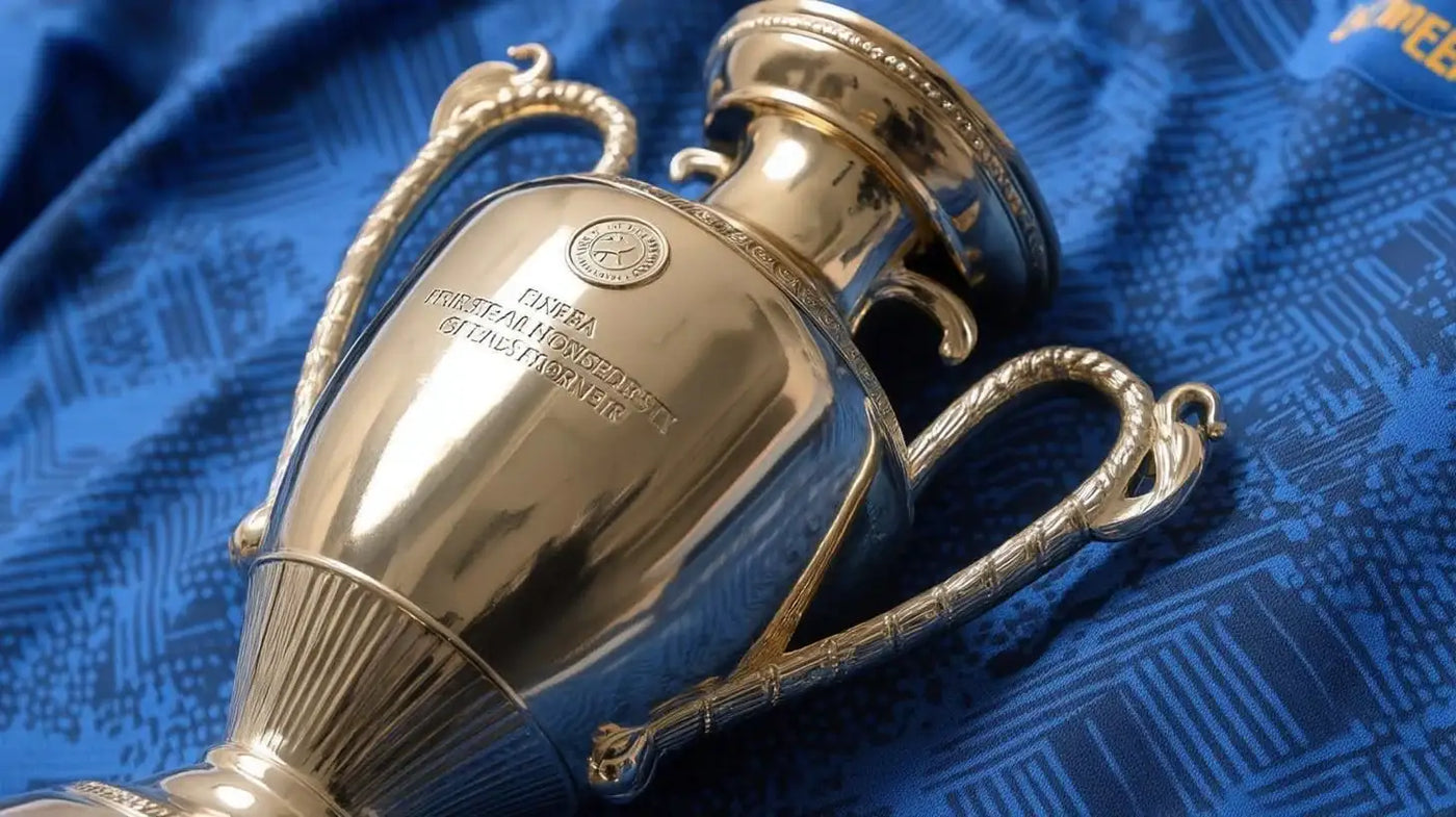 Henri Delaunay trophy for UEFA European Championship 2020, gold tinted cup displayed on a rich blue textured shirt highlighting champions Italy.