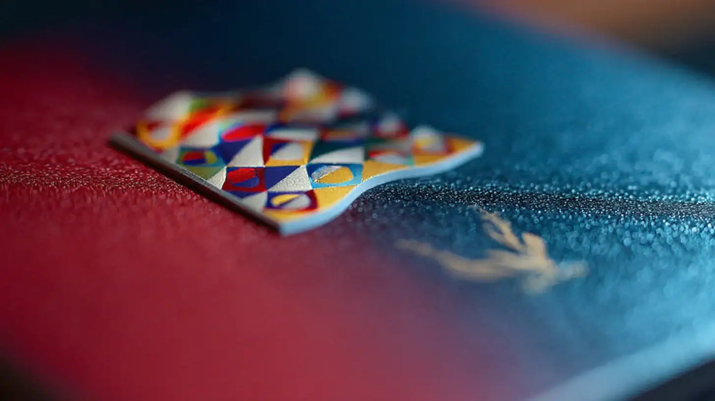 Macro photograph of the UEFA Nations League badge, multicolored geometric crest raised on a textured blue and red background reflecting the tournament branding.