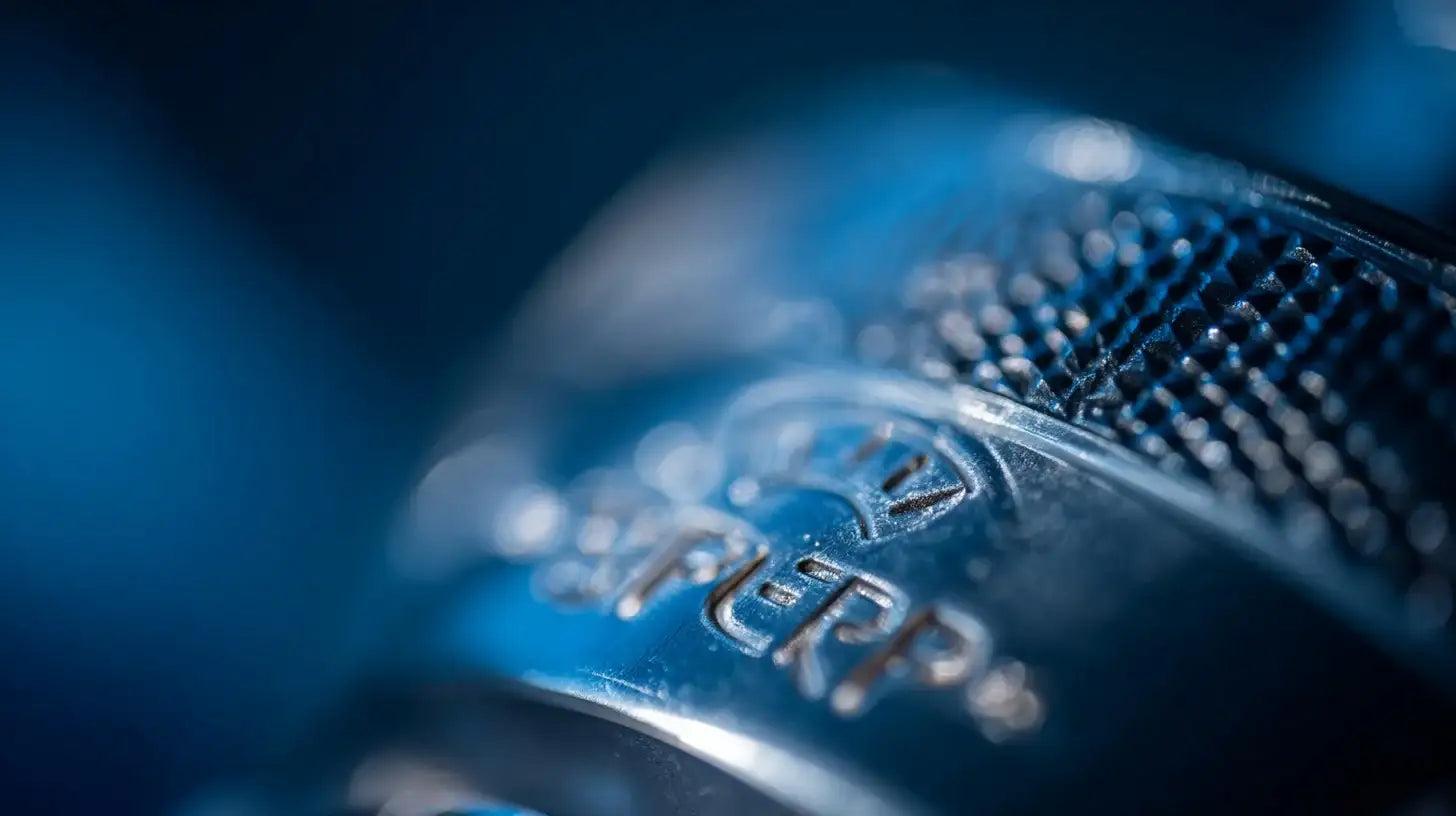 Macro close up of the UEFA Super Cup trophy engraving, silver details shining against a deep blue background that matches the competition colors.