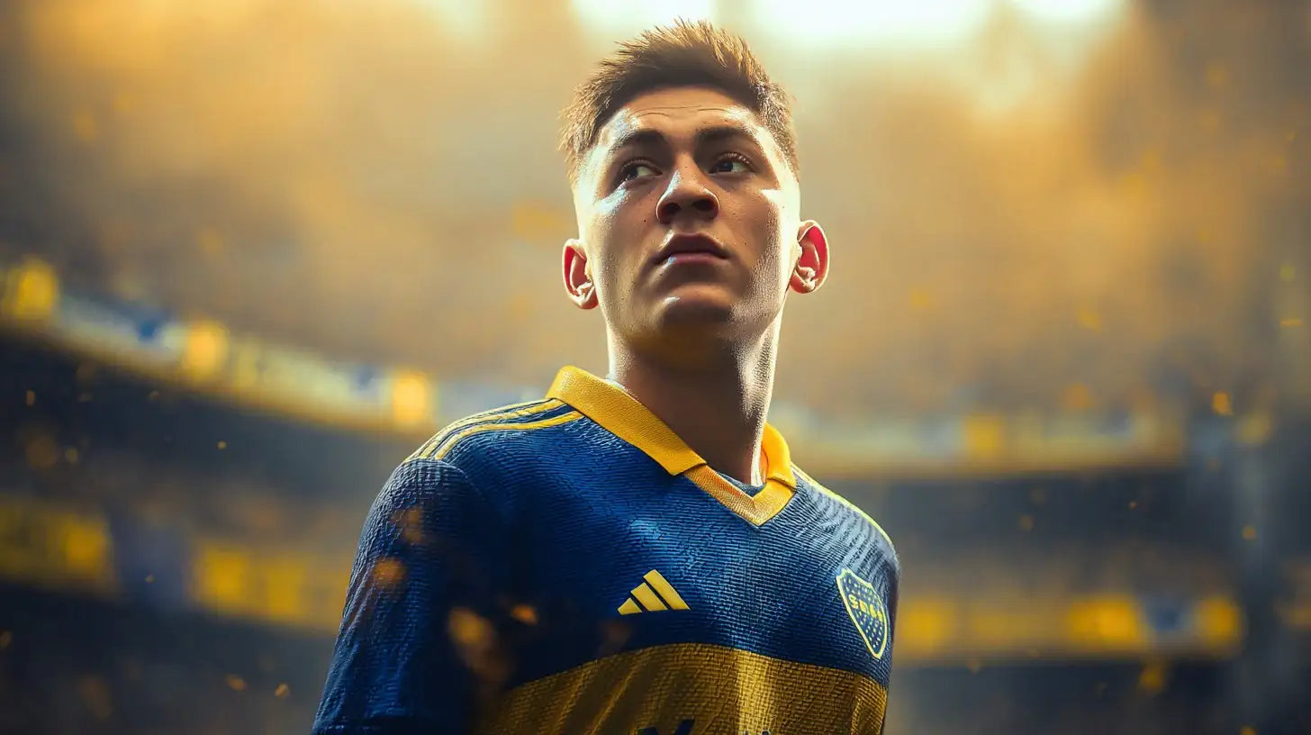 Valentín Barco in a blue and yellow Boca Juniors football shirt, looking upwards as golden confetti and stadium lights fill the background.