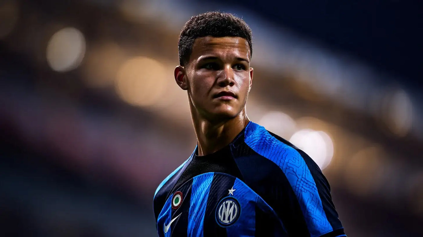 Valentín Carboni wearing a black and blue Internazionale Milano football shirt, glancing to the side with bright stadium lights behind him.