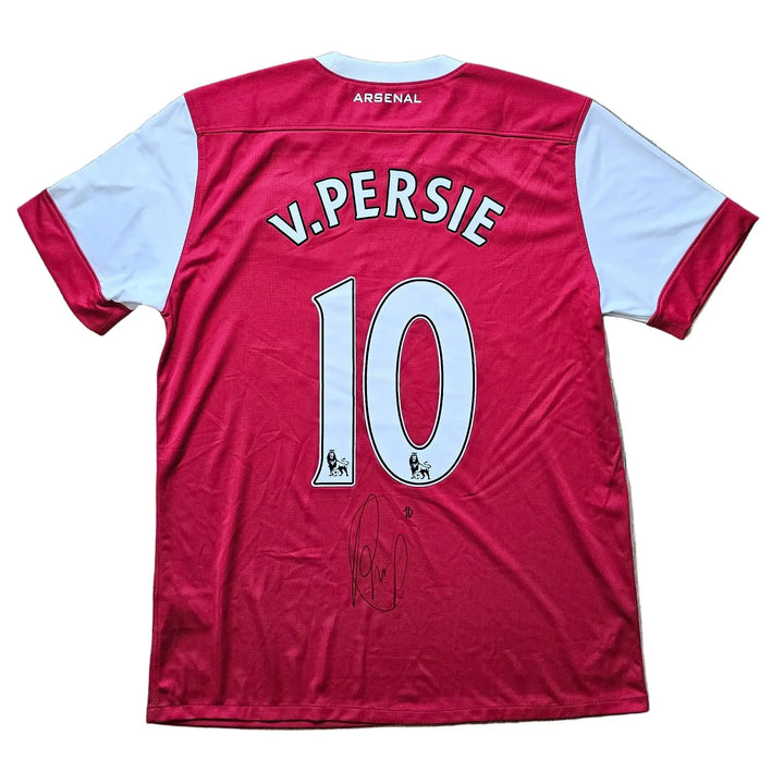 Arsenal home shirt back showing V.Persie and No. 10 in white with Premier League badges and a signature below, Robin van Persie's signed 2010-11 shirt.