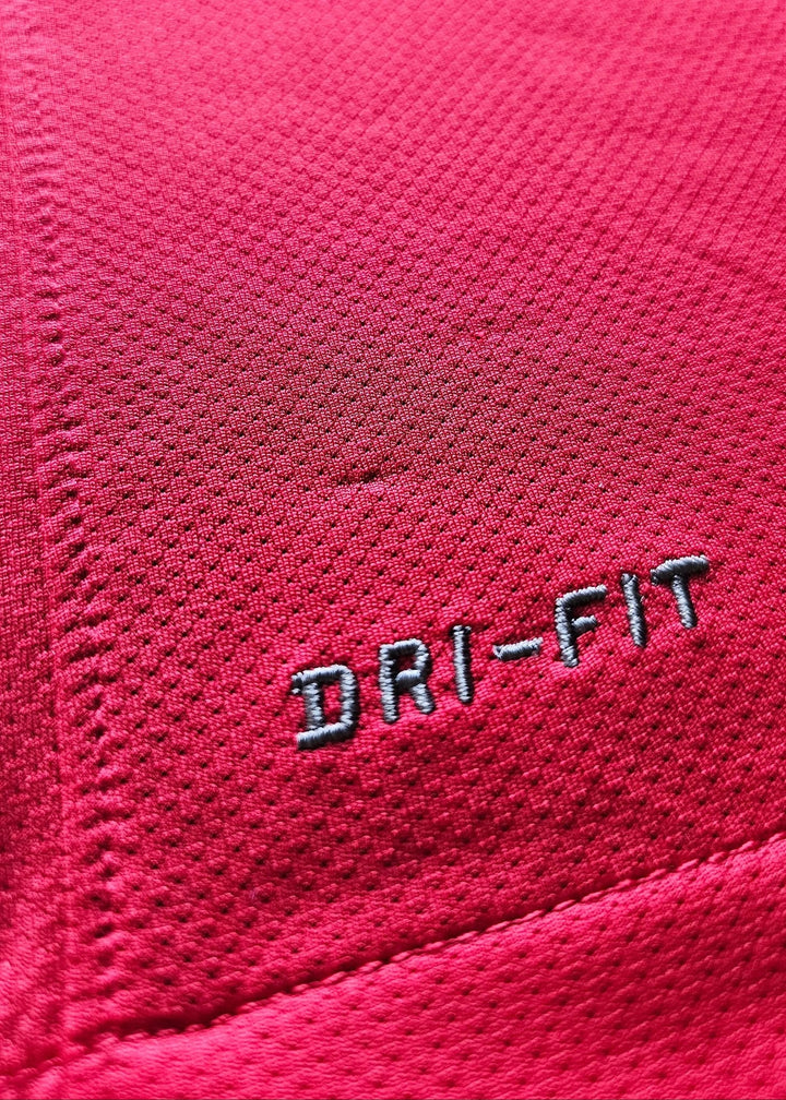 Close-up of the grey DRI-FIT logo embroidered on red fabric, part of Robin van Persie's Arsenal Champions League No. 10 shirt.