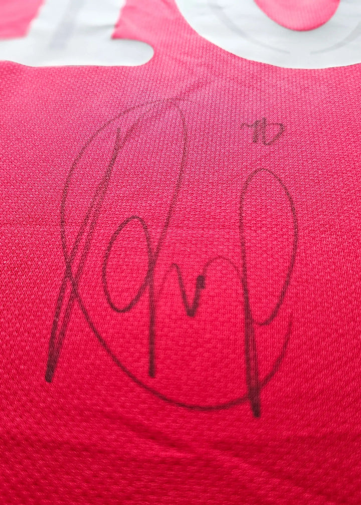 Close-up of a black ink autograph with a small 10 mark, signed on the back of Robin van Persie's red Arsenal Champions League shirt.
