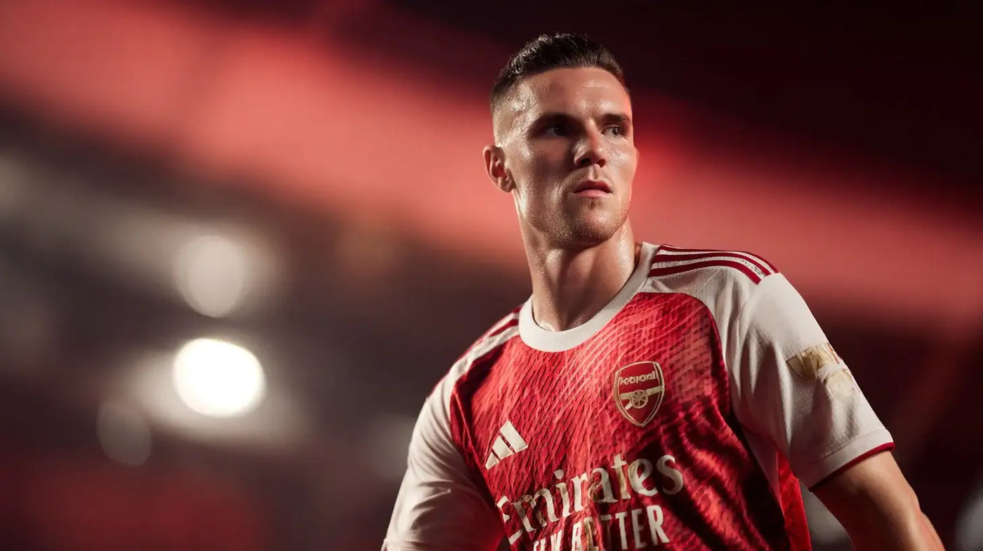 Viktor Gyökeres in a red and white Arsenal football shirt, looking determined as red stadium lighting glows around him.