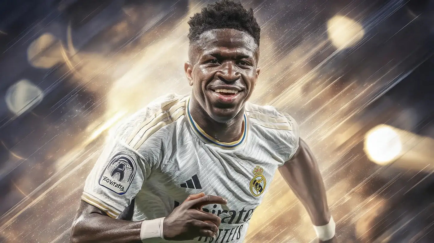Vinícius Júnior sprinting in a white Real Madrid football shirt with gold trim, smiling as bright stadium lights streak across the background.