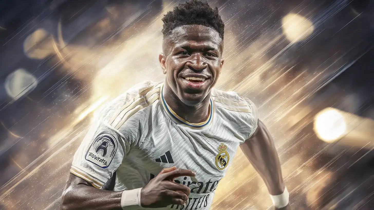Vinícius Júnior sprinting in a white Real Madrid football shirt with gold trim, smiling as bright stadium lights streak across the background.