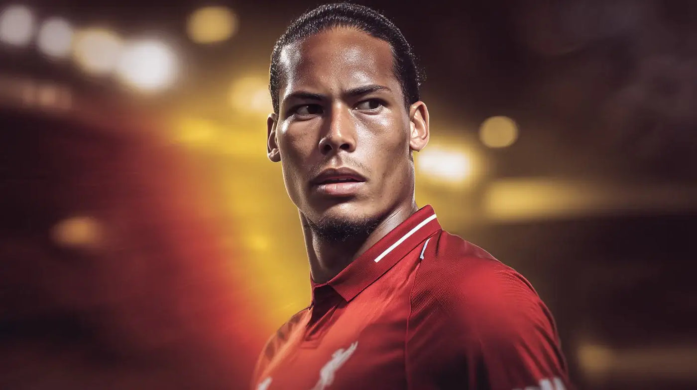 Virgil van Dijk in a deep red Liverpool football shirt, staring intensely to the side as warm golden stadium lights glow behind him.