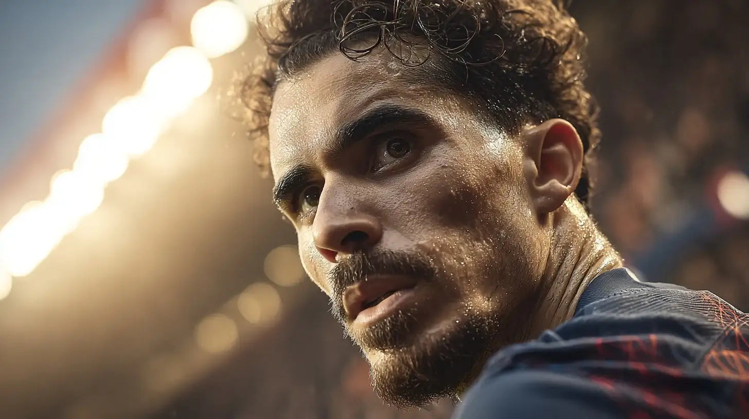 Vitinha in a dark blue Paris Saint-Germain football shirt with subtle red detailing, looking back over his shoulder under bright stadium floodlights.