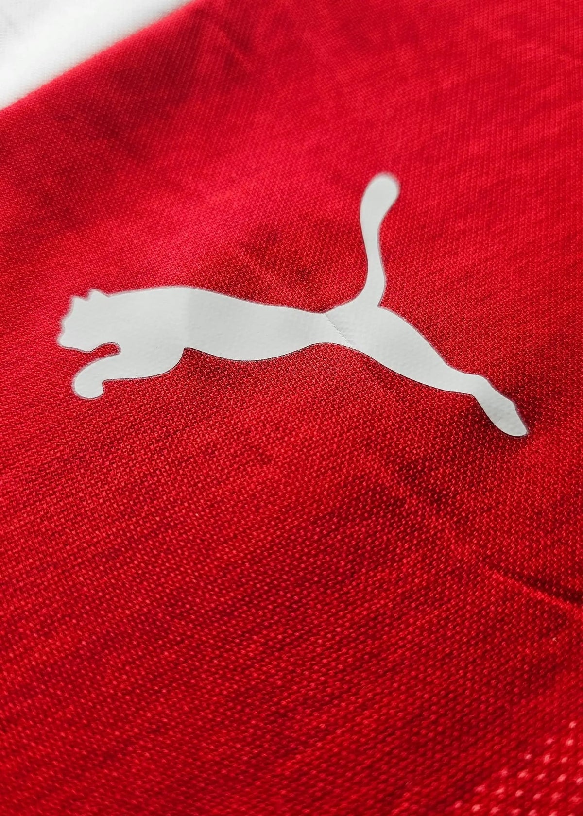 Close-up of the white Puma cat logo on the shirt's red fabric, from Vivianne Miedema's 2018-2019 Arsenal shirt.