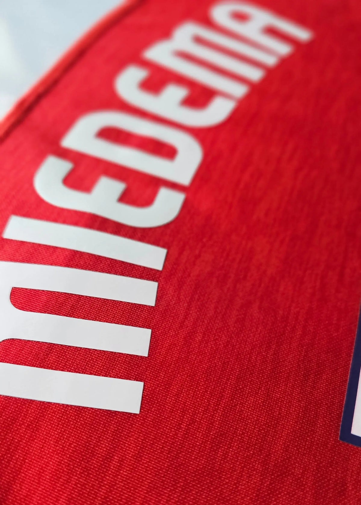 Front of a red and white Arsenal shirt on a hanger, showing the Puma logo, Arsenal crest and 'Fly Emirates' sponsor, from Vivianne Miedema's 2018-2019 shirt.