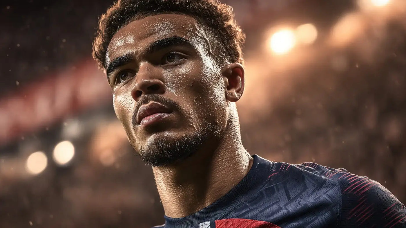 Warren Zaïre-Emery wearing a dark blue Paris Saint-Germain football shirt with red accents, gazing upward with sweat on his face as stadium lights shine behind him.