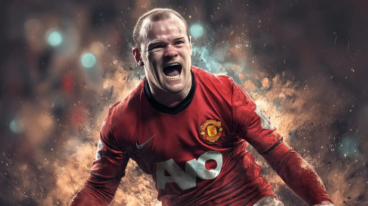 Wayne Rooney roaring in celebration while wearing a red Manchester United football shirt, surrounded by dramatic sparks and blurred stadium lights.