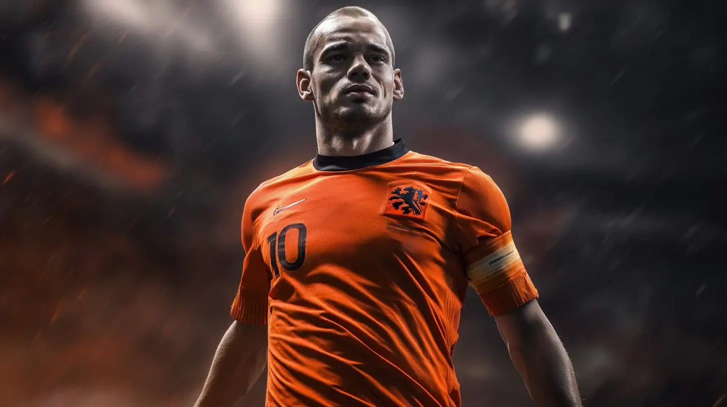 Wesley Sneijder in an orange Netherlands football shirt with black collar and captain’s armband, standing tall in the rain against a dark stadium backdrop.