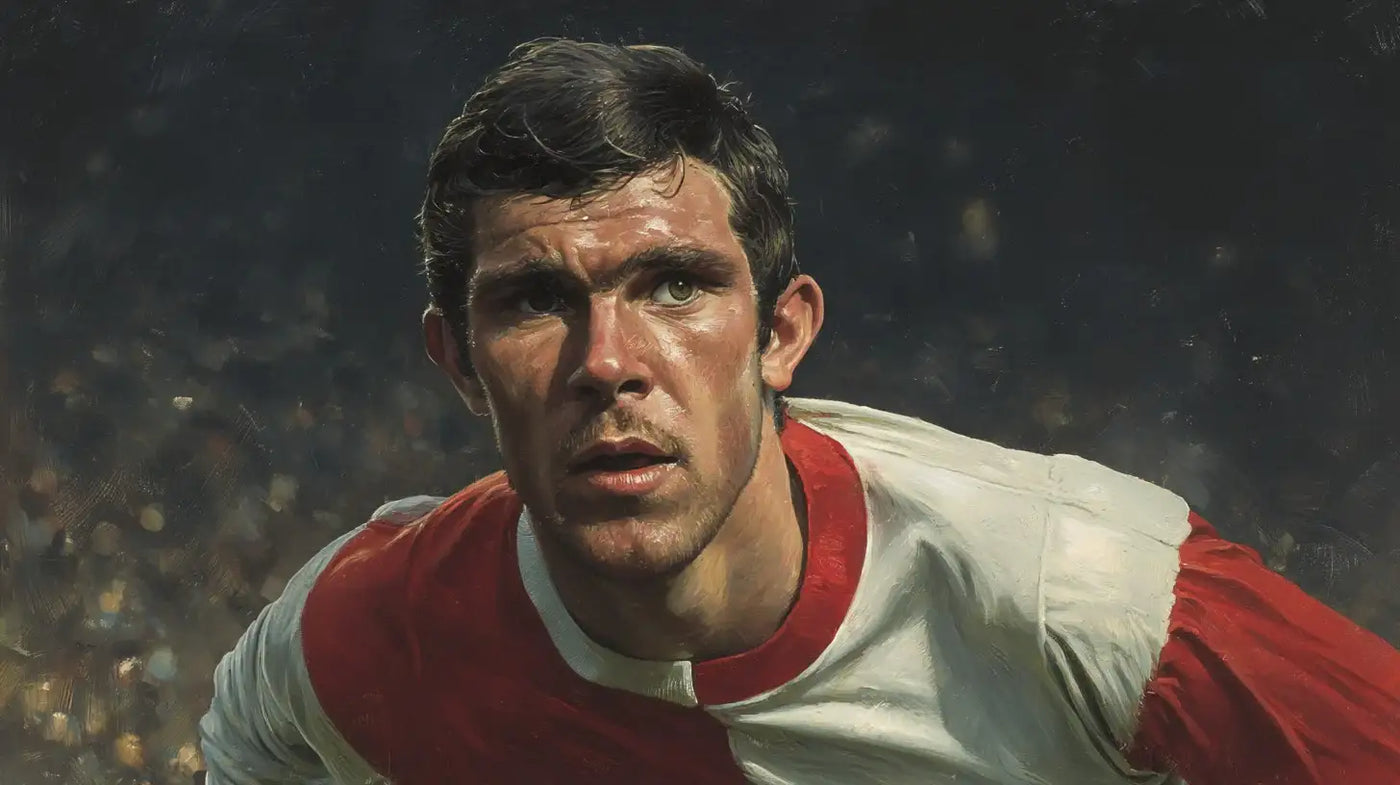 Willem van Hanegem in a vintage Feyenoord football shirt with white and red halves, captured in a painted style with a focused expression against a dark stadium background.