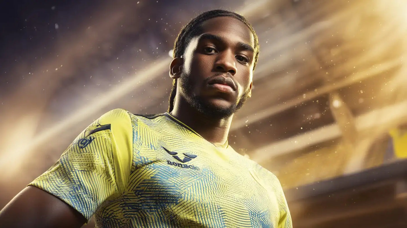 Willy Kambwala wearing a bright yellow Villarreal CF football shirt with blue geometric pattern, standing confidently under warm stadium lights and looking directly at the camera.