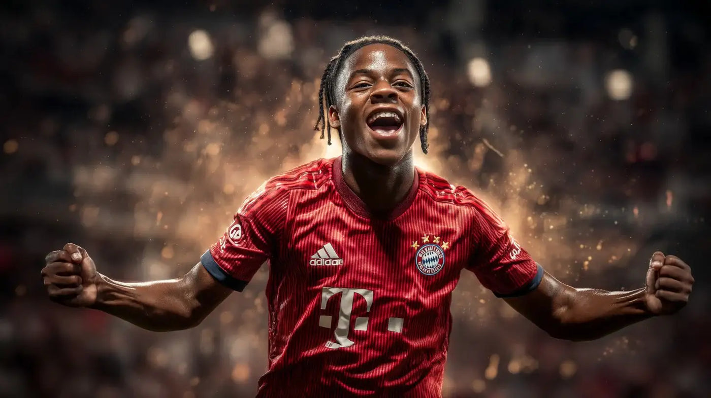 Wisdom Mike in Bayern Munich red kit celebrating with arms outstretched and fists clenched under stadium lights.