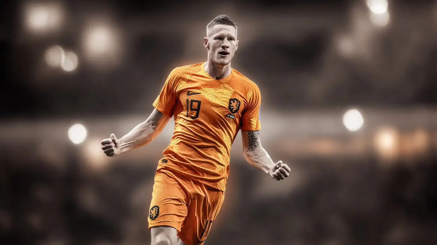 Wout Weghorst running in an orange Netherlands national team football shirt and shorts with number 19, arms out in celebration in front of a blurred crowd.
