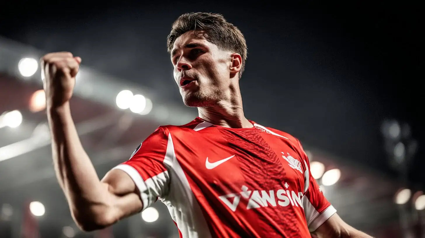 Wouter Goes celebrating in a red AZ Alkmaar football shirt with white sleeves, raising a clenched fist under bright night-time floodlights.