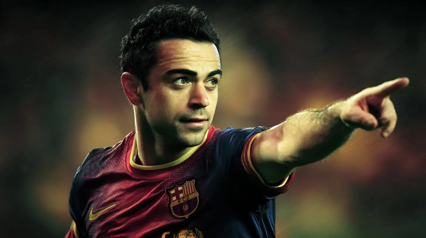 Xavi Hernández pointing ahead while wearing a classic red and blue FC Barcelona home football shirt with yellow collar, lit by green and gold stadium lights.