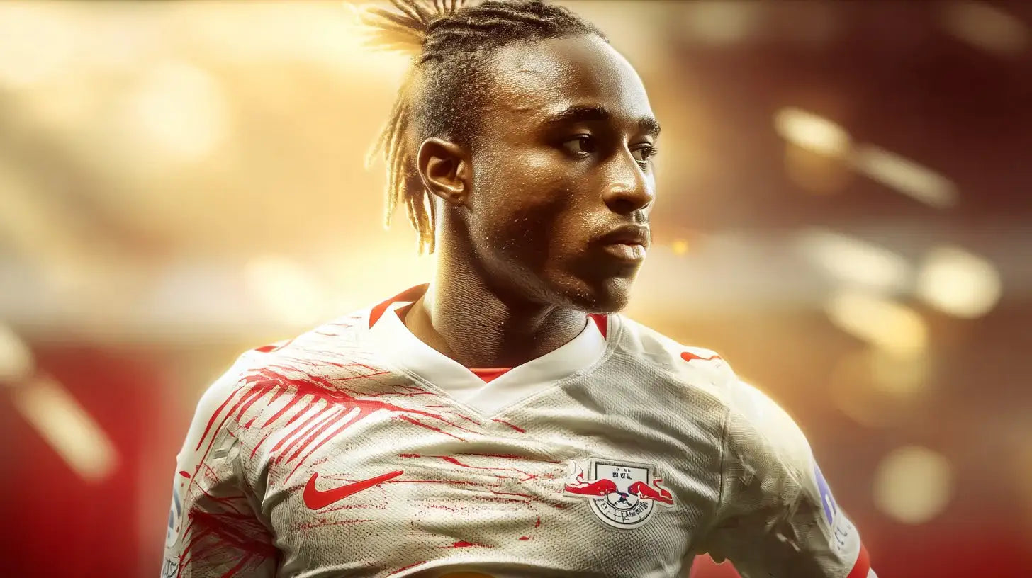 Yan Diomande in white RB Leipzig football shirt with red brush stroke stripes and club crest.