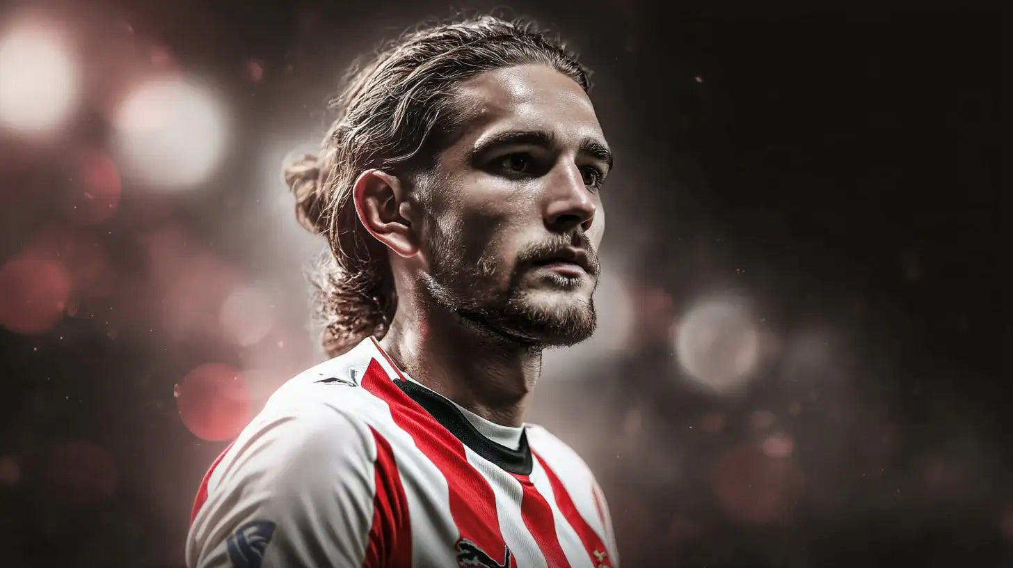 Yarek Gasiorowski in a red and white striped PSV Eindhoven football shirt with black collar, side lit against a dark background with soft red bokeh stadium lights.
