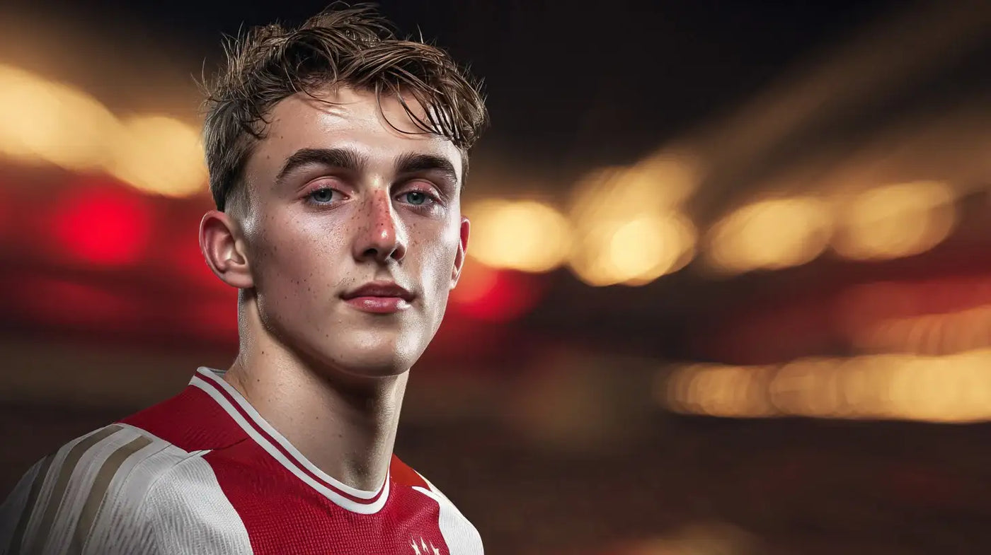 Youri Baas wearing an Ajax Amsterdam home football shirt with red central panel and white sleeves, close up under warm stadium lights with a calm, focused look.