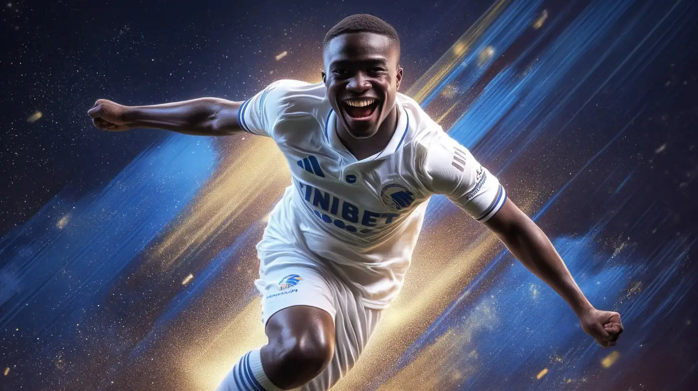 Youssoufa Moukoko in a white FC København official home football shirt with blue trim, sprinting forward in celebration against a dark stadium background with golden light streaks.