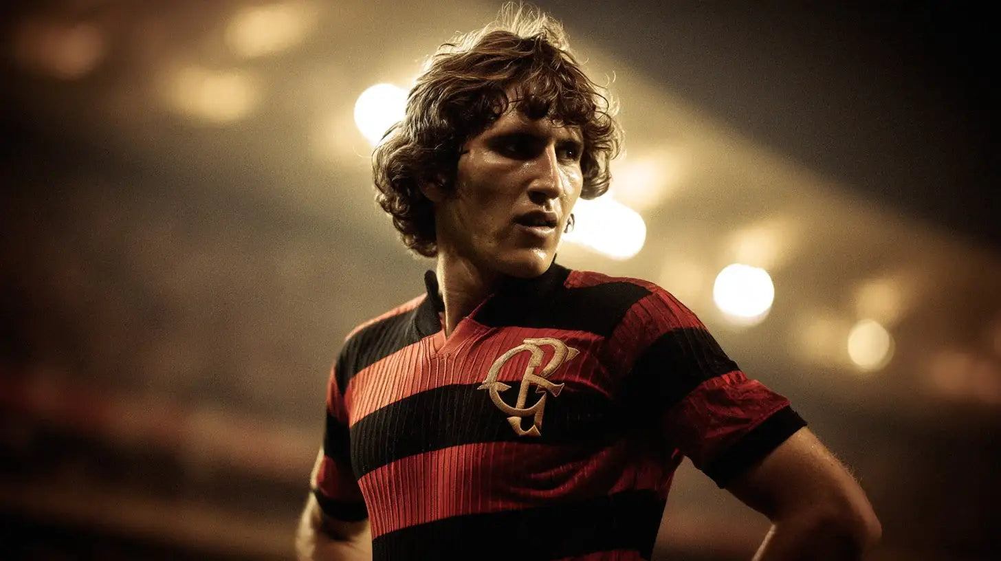 Zico wearing a Flamengo red and black striped football shirt with the club crest, standing under warm stadium lights.