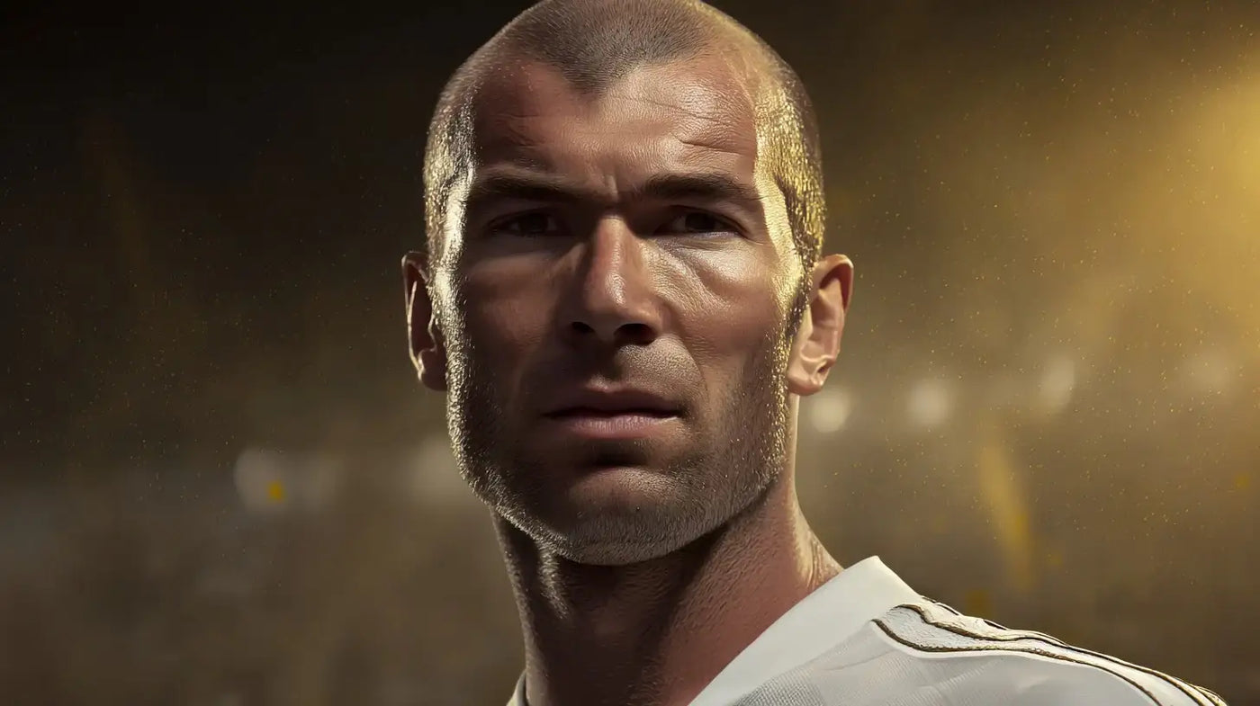 Close-up portrait of Zinedine Zidane in a white Real Madrid home shirt, staring ahead with a serious expression under golden stadium lights before a big football match.