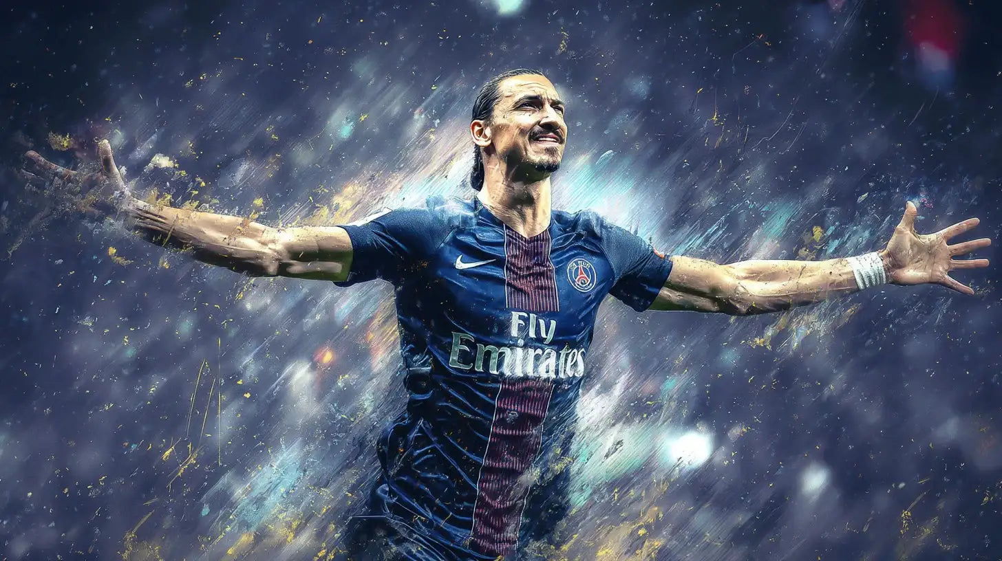 Zlatan Ibrahimović in a dark blue Paris Saint Germain kit celebrating a goal with arms outstretched wide, surrounded by dramatic light streaks and a noisy stadium crowd.